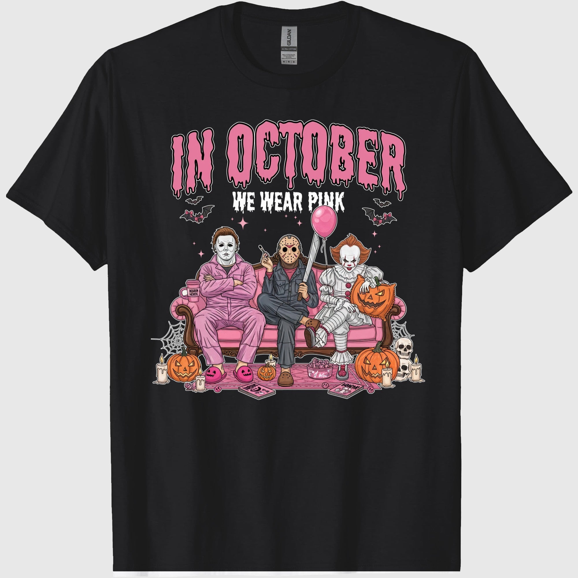 42x48 Comfort Colors In October We Wear Pink Shirt, Horror Characters Halloween Shirt, Funny Slasher Couch Scene Shirt 2