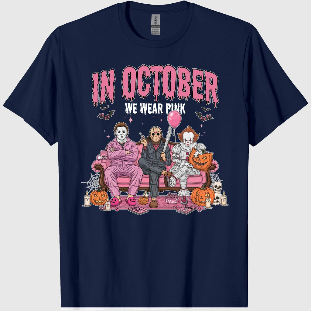42x48 Comfort Colors In October We Wear Pink Shirt, Horror Characters Halloween Shirt, Funny Slasher Couch Scene Shirt 2