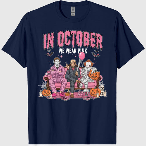 42x48 Comfort Colors In October We Wear Pink Shirt, Horror Characters Halloween Shirt, Funny Slasher Couch Scene Shirt 2