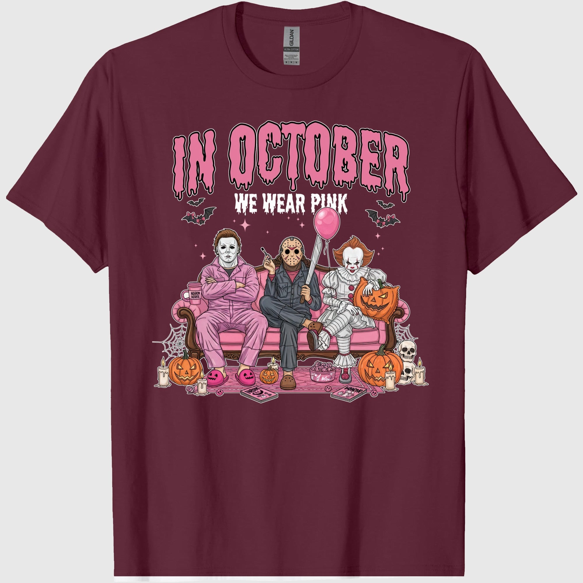 42x48 Comfort Colors In October We Wear Pink Shirt, Horror Characters Halloween Shirt, Funny Slasher Couch Scene Shirt 2