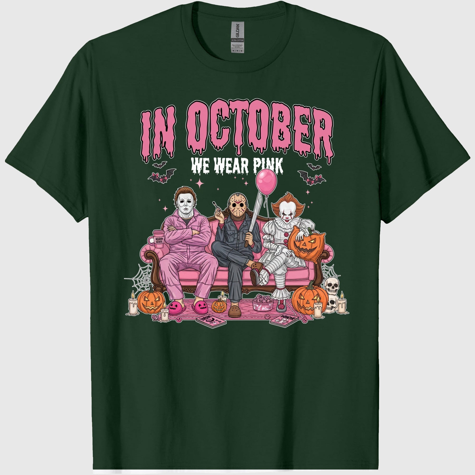 42x48 Comfort Colors In October We Wear Pink Shirt, Horror Characters Halloween Shirt, Funny Slasher Couch Scene Shirt 2