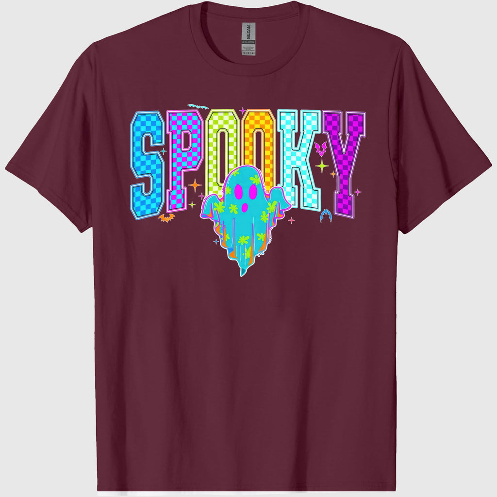 Comfort Colors Retro Spooky Neon Shirt, Trendy Neon Checkered Halloween, Spooky Season, Cute Boo Ghost, Neon Ghost